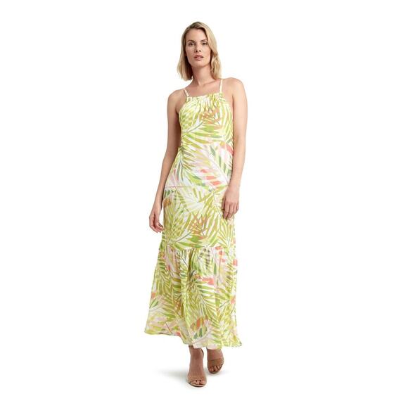 H Halston Tropical Palm Lime Punch Spagetti Strap Maxi Dress Size XS NWT - Picture 1 of 10